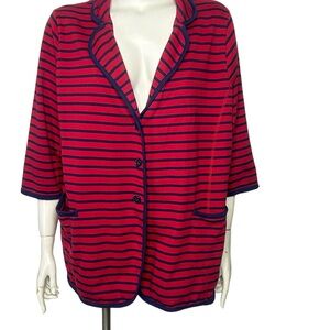Woman Within Cardigan 1X Red and Blue Striped 3 Button 3/4 Sleeve